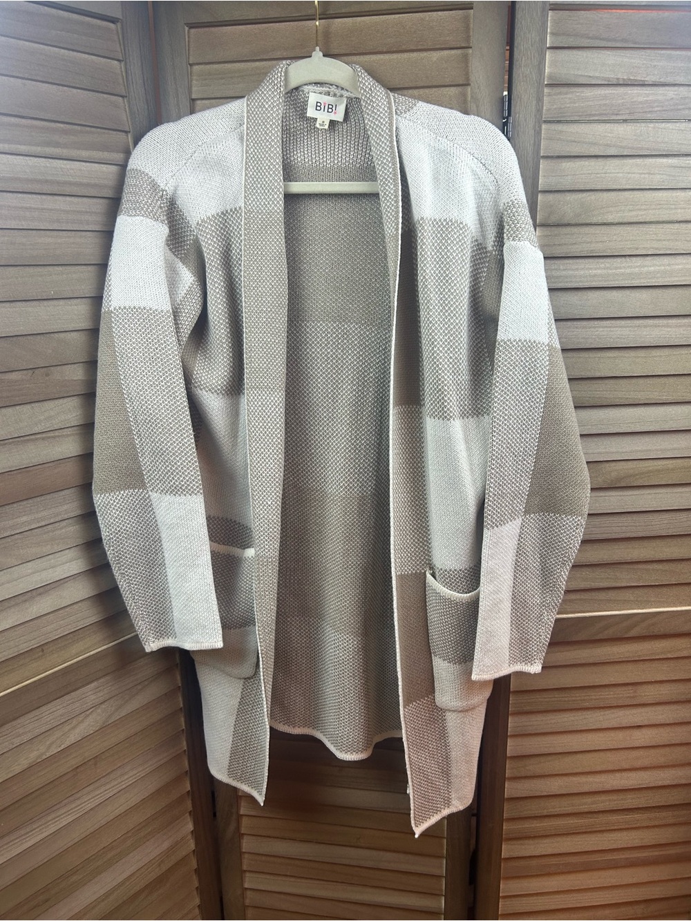 BiBi Buffalo Plaid Open Front Cardigan Sweater Women’s Small Beige Cream